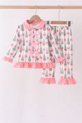 Pink Christmas Tree Bow Ruffle Pajama Set