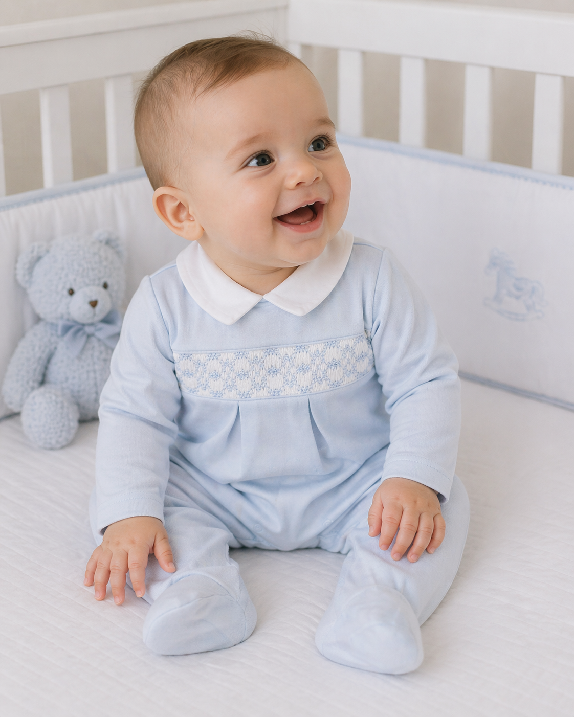 Baby Boy's Blue hand smocked Footie: NB