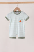 Sage Pumpkin Embroidery Gingham Romper
