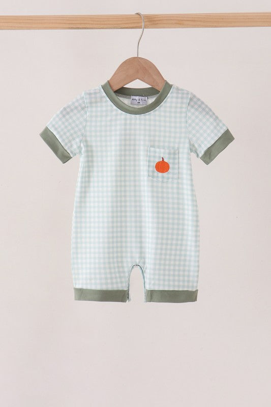 Sage Pumpkin Embroidery Gingham Romper