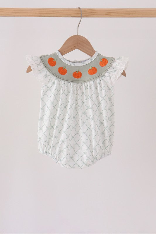 Sage Pumpkin Embroidery Bow Ruffle Bubble