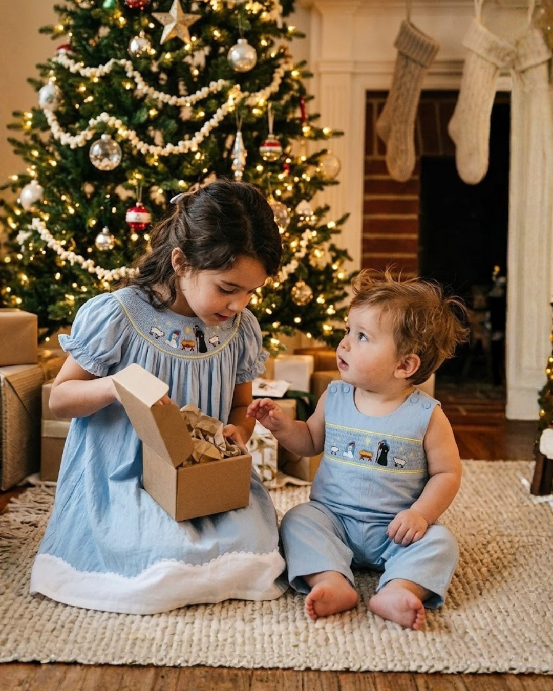 Light Blue Nativity Smocked Overalls