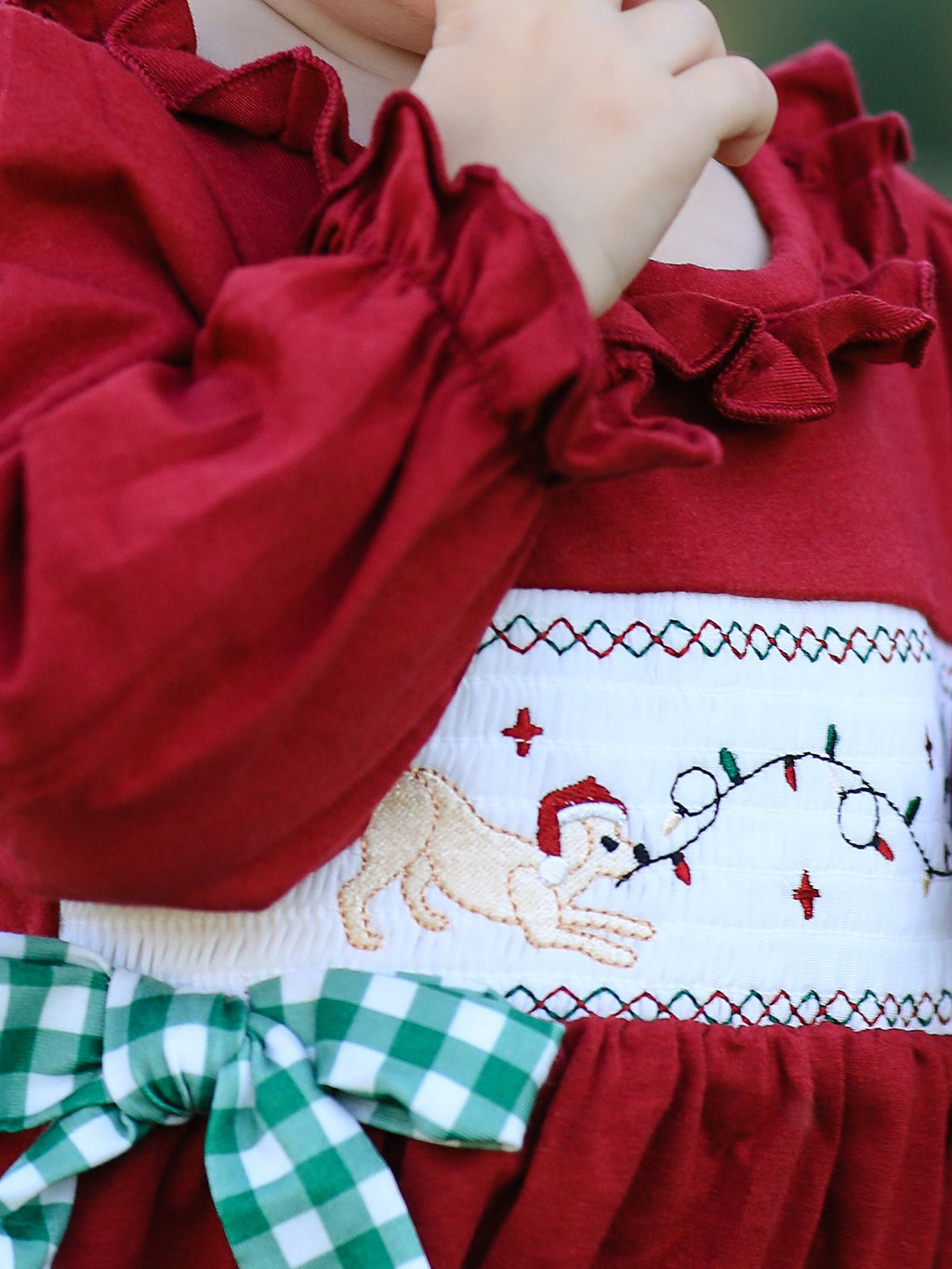 Christmas Embroidered Baby Girls Romper with Green Plaid Bow